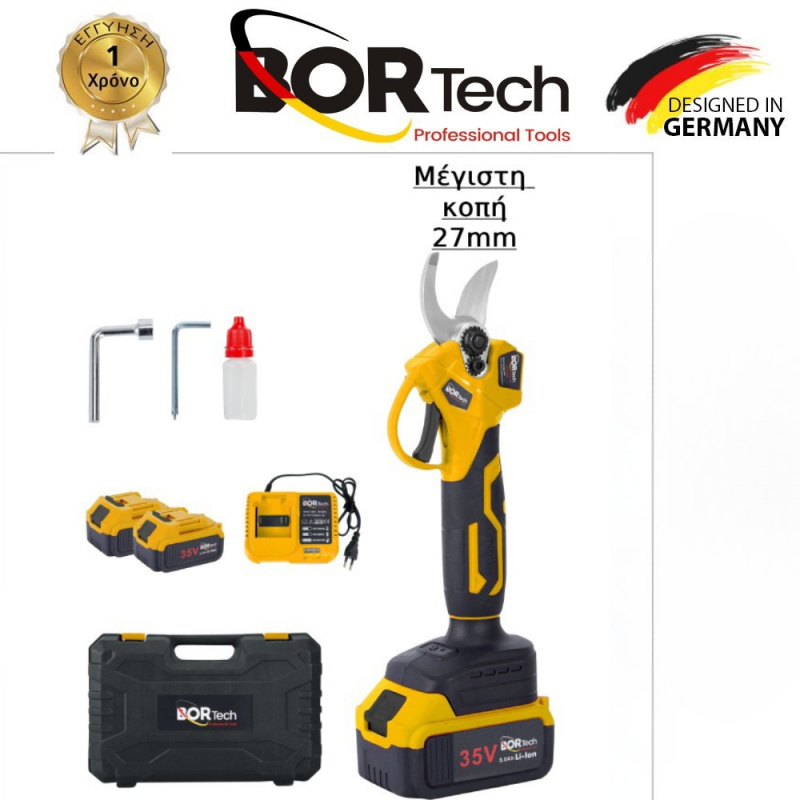 BORTECH Κλαδευτικό ψαλίδι κλαδέματος Με κοπή 27mm επαναφορτιζόμενο 35v με 2 μπαταρίες